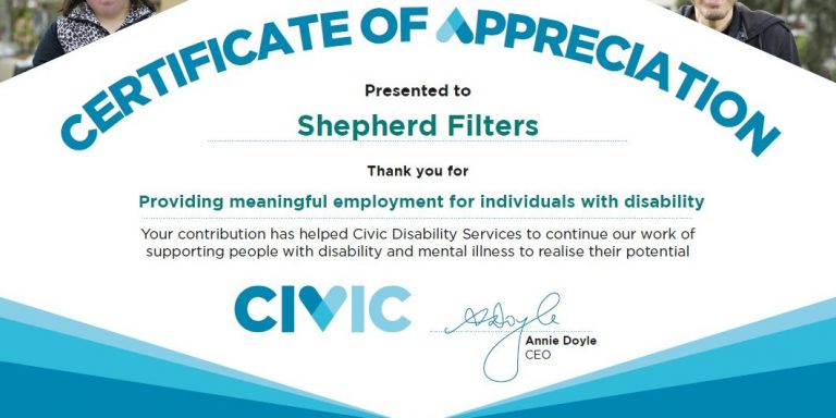 Civic community certificate of appreciation for SHEPHERD FILTERS disposable kitchen grease filters